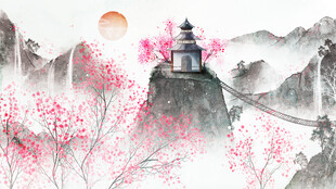水墨山水间的古塔春景