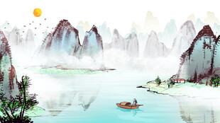 水墨山水间的悠然泛舟景