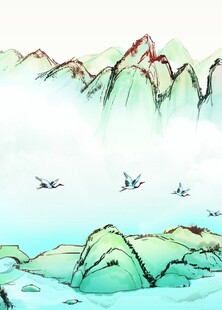 水墨山水间飞鸟翱翔图