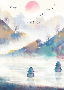 水墨山水间的日出飞鸟景