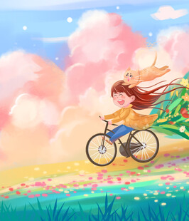 女孩骑行于梦幻花海间