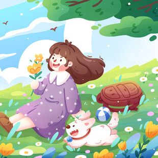 女孩与猫在春日草地嬉戏