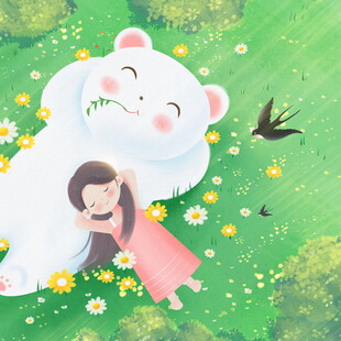 女孩依偎白熊于绿野花海