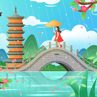 雨中漫步古桥赏塔景
