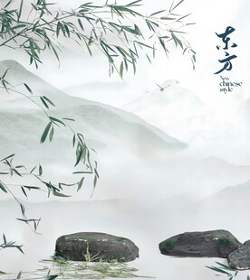 水墨山水间飞鸟栖石景
