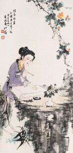 古典女子倚栏赏景