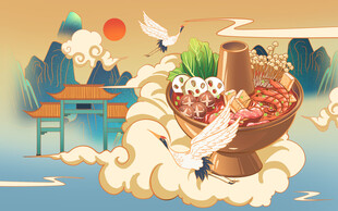 中式美食与自然景观插画