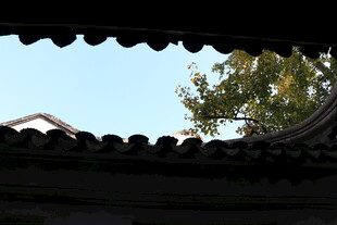 中式屋檐下的蓝天绿树