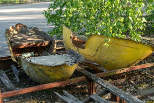 老旧木船休憩于绿植旁