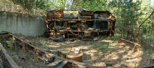 废弃车辆残骸杂草丛生处