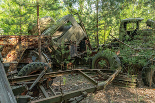 废弃机械藏身繁茂树林中