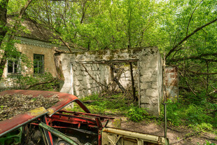 废弃房屋旁的绿植与机械