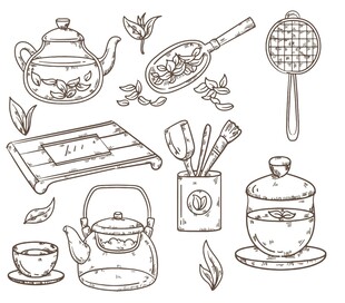 手绘中式茶具图案集合