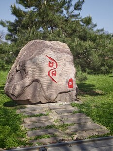 刻字巨石立于绿草之上