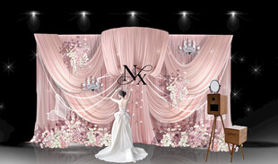 粉色系布幔迎宾婚礼场景布置