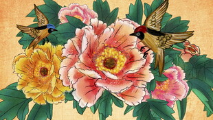 花鸟国画牡丹与雀鸟