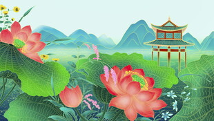 夏日荷塘中的古典亭景