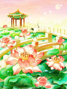 夏日荷塘中的古风亭景