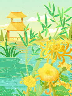 秋日湖畔菊花与亭景