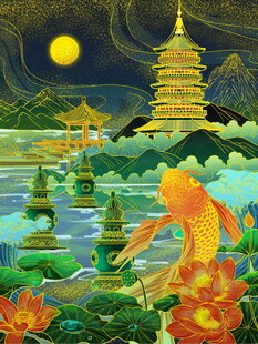 梦幻月夜下的锦鲤与古塔