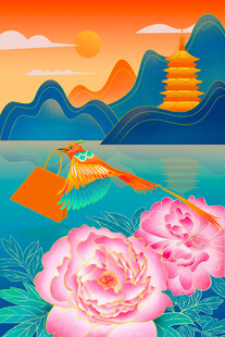 山水间绽放的艳丽花朵