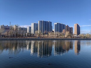 城市湖畔风光倒影如画