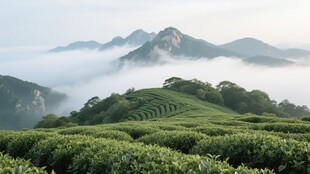 泰山茶园山峦云雾植被自然景观