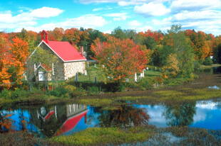 秋日湖畔红顶小屋美景