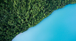 翠绿山林旁的澄澈蓝湖