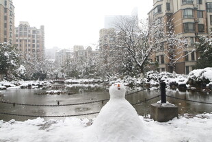 城市雪景中的可爱雪人