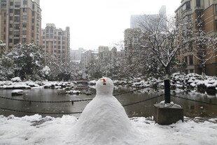 城市雪景中的可爱雪人