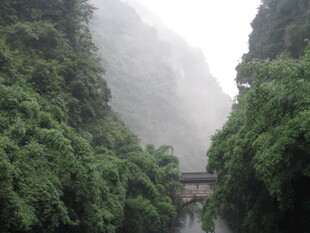 山间云雾缭绕的翠绿峡谷