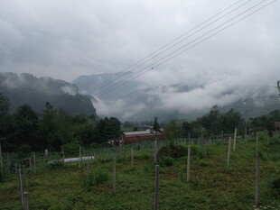 恩施山间云雾缭绕的田园景致