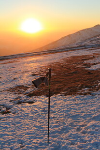 雪地夕阳下的路标