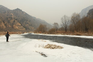 冬日河边单人静谧景象
