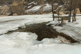 冬日冰封溪流与木桥景象