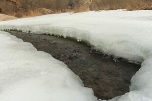 冬日溪流覆薄冰景象