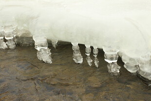 溪边冰柱垂挂的冬日景象