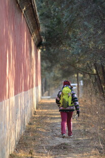 漫步于红墙小巷的背包客