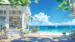 海边清新小店的悠闲景致