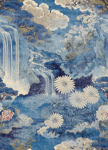 中式山水蓝底花纹图案