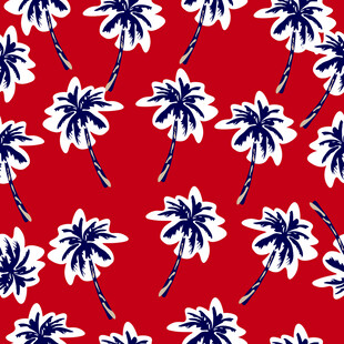 红色背景蓝白棕榈树图案