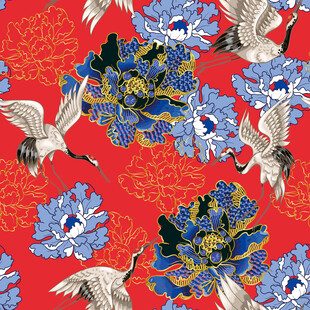 中式红底鹤花图案纹饰