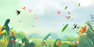 春日花草飞鸟梦幻风景图