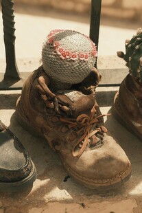 户外旧靴上的多彩地球仪