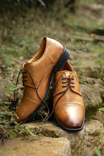 户外棕色皮鞋静置于草地