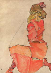 复古风红衣女子坐姿画