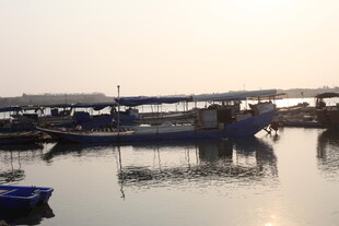 湛江夕阳下停泊的宁静渔船