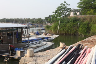 湛江码头边的船只与物资堆放