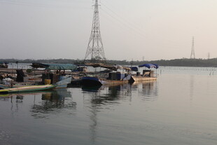 湛江港口停泊的船只与高塔